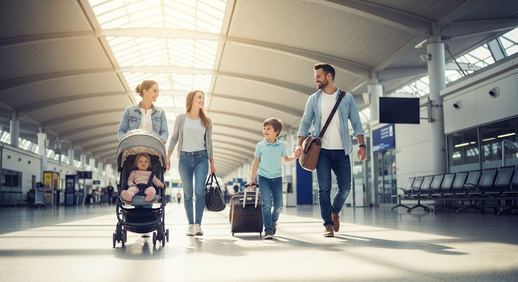 Family with travel documents at airport